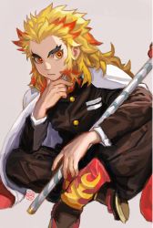 Rule 34 | 1boy, absurdres, blonde hair, breasts, brown background, closed mouth, flame print, hair slicked back, head rest, highres, katana, kimetsu no yaiba, long hair, male focus, multicolored eyes, multicolored hair, orange eyes, orange pupils, red eyes, red hair, rengoku kyoujurou, scabbard, sheath, sheathed, shiren (ourboy83), signature, simple background, sitting, solo, sword, uniform, weapon