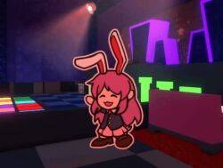 Rule 34 | :3, animal ears, artist request, black jacket, brown footwear, building, buttons, closed eyes, crossover, dancing, discotheque, fur, graffiti, hands up, jacket, long hair, mario (series), neon lights, nintendo, paper mario, pink skirt, purple hair, rabbit, rabbit ears, rabbit girl, rabbit tail, reisen udongein inaba, shirt, shoes, skirt, smile, source request, star (symbol), star print, tail, touhou, white fur, white shirt