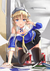Rule 34 | 1girl, arm support, black skirt, blonde hair, blue eyes, book, breasts, cleavage, detached collar, fletcher (kancolle), hallway, hand in own hair, hat, indoors, kantai collection, kneeling, large breasts, looking at viewer, mayura (lucadia), pleated skirt, red footwear, sailor collar, shoes, skirt, solo, thighhighs