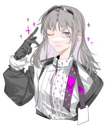 Rule 34 | 1girl, arknights, black gloves, black hairband, closed mouth, commentary, gloves, grey hair, hairband, highres, id card, irene (arknights), jacket, long hair, looking at viewer, molu stranger, one eye closed, purple eyes, scar, scar across eye, simple background, solo, sparkle, upper body, white background, white jacket