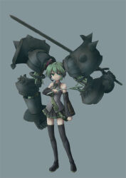 Rule 34 | 1girl, armor, black footwear, black skirt, black sleeves, boots, breasts, closed mouth, commentary request, detached sleeves, expressionless, full body, gauntlets, green eyes, green hair, grey shirt, hair armor, hatsune miku, holding, holding sword, holding weapon, long hair, looking at viewer, medium breasts, miniskirt, pleated skirt, prehensile hair, shirt, simple background, skirt, sleeveless, sleeveless shirt, solo, spiked pauldrons, spring onion, standing, sword, thigh boots, thighhighs, tsukishiro chigiri, twintails, very long hair, vocaloid, weapon, zettai ryouiki