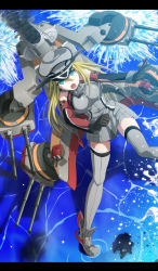 Rule 34 | 10s, 1girl, armor, bare shoulders, bismarck (kancolle), blonde hair, blue eyes, breastplate, breasts, detached sleeves, gloves, grey thighhighs, hat, highres, kantai collection, large breasts, letterboxed, long hair, looking at viewer, mecha musume, military, military hat, military uniform, ocean, open mouth, peaked cap, smoke, solo, thighhighs, turret, uniform, wrwr, zettai ryouiki