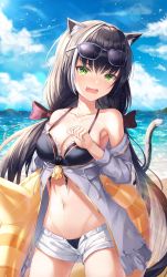 Rule 34 | 1girl, absurdres, animal ear fluff, animal ears, beach, bikini, black bikini, black hair, blue sky, bow, breasts, brown bow, cat ears, cat girl, cat tail, cleavage, cloud, collarbone, cowboy shot, day, eyewear on head, fall (aki), fang, floating hair, green eyes, groin, hair between eyes, hair bow, highres, innertube, karyl (princess connect!), karyl (summer) (princess connect!), long hair, looking at viewer, low twintails, medium breasts, multicolored hair, navel, ocean, open clothes, open mouth, open shorts, outdoors, princess connect!, short shorts, shorts, silver hair, sky, solo, standing, streaked hair, sunglasses, swim ring, swimsuit, tail, twintails, two-tone hair, very long hair, wavy mouth, white shorts