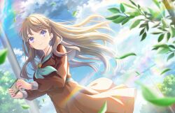 Rule 34 | 1girl, aqua neckerchief, blue sky, breasts, brown dress, brown hair, cellphone, closed mouth, cloud, dress, dutch angle, falling leaves, floating clothes, floating hair, fujishima megumi, game cg, hasu no sora school uniform, highres, holding, holding phone, lamppost, large breasts, leaf, lens flare, link! like! love live!, long hair, long sleeves, looking to the side, love live!, medium dress, neckerchief, official art, phone, pleated dress, purple eyes, sailor collar, sailor dress, school uniform, sky, smartphone, smile, solo, third-party source, tree, two side up, virtual youtuber, white sailor collar, winter uniform