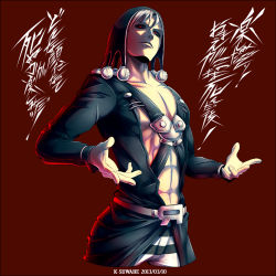 Rule 34 | 1boy, abs, belt, black sclera, collarbone, colored sclera, cropped legs, grey hair, hat, head tilt, jojo no kimyou na bouken, k-suwabe, long sleeves, looking at viewer, male focus, muscular, pectoral cleavage, pectorals, red background, red eyes, risotto nero, simple background, solo