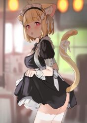 1girl animal_ear_fluff animal_ears azuse_neko black_dress blonde_hair blurry blurry_background blush breasts cat_ears cat_girl cat_tail dress hair_ribbon kemomimi_refle! large_breasts looking_at_viewer maid maid_headdress mole mole_under_eye nekoma_karin pink_eyes ribbon short_hair short_sleeves skirt_hold solo tail tail_ornament tail_ribbon thighhighs tongue tongue_out virtual_youtuber white_ribbon white_thighhighs wing_hair_ornament wrist_cuffs