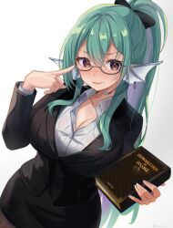 Rule 34 | 1girl, alternate breast size, bespectacled, black jacket, black skirt, blazer, blush, book, bow, breasts, cleavage, closed mouth, collarbone, collared shirt, cowboy shot, curvy, earrings, finana ryugu, fins, fish girl, glasses, green hair, grey-framed eyewear, hair between eyes, hair bow, head fins, head tilt, highres, holding, holding book, jacket, jewelry, kano3, large breasts, lipstick, long hair, long sleeves, looking at viewer, makeup, nijisanji, nijisanji en, office lady, orange eyes, pencil skirt, pointing, pointing at self, ponytail, shirt, simple background, skirt, solo, very long hair, virtual youtuber, white background