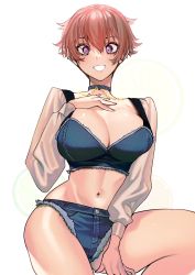 Rule 34 | 1girl, blush, breasts, chain, choker, cutoffs, denim, denim shorts, hair between eyes, hand on own chest, hand on own thigh, highres, large breasts, long sleeves, looking at viewer, looking down, midriff, navel, original, purple eyes, red hair, shishamo 712, short hair, short shorts, shorts, simple background, sitting, smile, solo, toned, white background