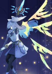 Rule 34 | 1girl, black pantyhose, blurry, blurry background, closed eyes, commentary request, detached wings, full body, gloves, grey hair, head wings, highres, holding, holding scepter, long hair, melia antiqua, multiple wings, pantyhose, scepter, signature, white gloves, wings, xenoblade chronicles (series), xenoblade chronicles 3, yanagimachi