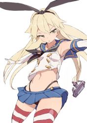 Rule 34 | 1girl, alchera, anchor hair ornament, black hairband, black neckerchief, black panties, blonde hair, blue sailor collar, blue skirt, brown eyes, crop top, dress, elbow gloves, gloves, hair ornament, hairband, highleg, highleg panties, kantai collection, long hair, microskirt, miniskirt, neckerchief, open mouth, outstretched arms, panties, pleated dress, sailor collar, shimakaze (kancolle), simple background, skirt, solo, striped clothes, striped thighhighs, thighhighs, underwear, white background, white gloves