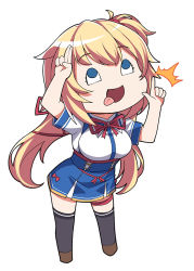 Rule 34 | +tic nee-san, 1girl, akai haato, blonde hair, blue eyes, chibi, commentary request, finger gun, hair ornament, hair ribbon, heart, heart hair ornament, hololive, konnyaku (kk-monmon), long hair, open mouth, parody, ribbon, salute, simple background, solo, thigh strap, thighhighs, tongue, tongue out, two-finger salute, virtual youtuber, white background