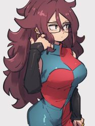 Rule 34 | 1girl, android 21, breasts, checkered clothes, checkered dress, closed mouth, dragon ball, dragon ball fighterz, dress, earrings, glasses, grey background, hair between eyes, hoop earrings, jewelry, kemachiku, large breasts, long hair, looking to the side, red hair, simple background, solo