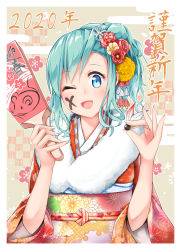 Rule 34 | 1girl, alice carroll, alternate costume, alternate hairstyle, bananatsukis, blue eyes, blush, braid, chinese zodiac, facepaint, floral print, flower, forehead, fur-trimmed kimono, fur trim, furisode, green hair, hagoita, hair flower, hair ornament, hane (hanetsuki), hanetsuki, high braid, highres, holding, japanese clothes, kanzashi, kimono, long hair, looking at viewer, new year, obi, obiage, obijime, one eye closed, open mouth, paddle, print kimono, raised eyebrows, sash, side braid, sleeves pushed up, smile, solo, upper body, wide sleeves, year of the rat