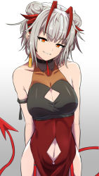 Rule 34 | 1girl, antennae, arknights, bare shoulders, black dress, breasts, cleavage, cleavage cutout, clothing cutout, collarbone, cowboy shot, demon girl, demon horns, demon tail, double bun, dress, earrings, gradient background, grey background, grey hair, hair bun, highres, horns, jewelry, large breasts, looking at viewer, navel cutout, parted lips, pelvic curtain, red dress, red eyes, samacho, short hair, simple background, solo, tail, two-tone dress, w (arknights)