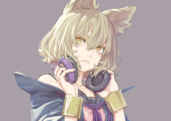 Rule 34 | 1girl, absurdres, blue cape, bracelet, cape, closed mouth, grey background, hair between eyes, headphones, headphones around neck, highres, jewelry, kawayabug, light brown hair, pink shirt, pointy hair, portrait, shirt, short hair, simple background, solo, touhou, toyosatomimi no miko, yellow eyes