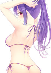 Rule 34 | 1girl, adjusting hair, armpits, arms behind head, arms up, ass, back, bikini, blush, breasts, commentary request, female focus, fingernails, from behind, hair between eyes, hair tie, halterneck, hicha nomu, highres, long hair, looking at viewer, looking back, medium breasts, original, pink eyes, ponytail, purple bikini, purple hair, side-tie bikini bottom, sideboob, sidelocks, simple background, solo, standing, swimsuit, thong, thong bikini, tying hair, upper body, white background