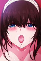 Rule 34 | 1girl, absurdres, blue eyes, blush, breath, brown hair, commission, cum, facial, hairband, heavy breathing, highres, idolmaster, idolmaster cinderella girls, long hair, looking at viewer, open mouth, pink background, pole (ppp1409), sagisawa fumika, skeb commission, solo, sweat, tongue, tongue out
