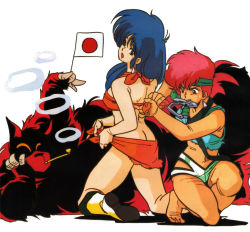Rule 34 | 1980s (style), 2girls, barefoot, blue eyes, blue hair, boots, butt crack, dirty pair, gun, handgun, headband, holding, japanese flag, kei (dirty pair), long hair, looking back, mouth hold, multiple girls, non-web source, official art, oldschool, open mouth, smoking pipe, red eyes, red hair, retro artstyle, short hair, simple background, takachiho haruka, weapon, white background, yuri (dirty pair)