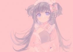 Rule 34 | 1girl, apron, bell, blue archive, bow, closed mouth, floral print, hair bow, highres, holding, holding tray, japanese clothes, kimono, kyuuri (miyako), long hair, long sleeves, maid, maid headdress, pink background, pink kimono, purple eyes, shizuko (blue archive), simple background, solo, tray, two side up, upper body, wa maid, white apron, wide sleeves