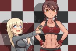Rule 34 | + +, 2021, 2girls, abs, alternate costume, artist name, blonde hair, blue eyes, blush, bookmarkahead, breasts, brown eyes, brown hair, checkered background, cowboy shot, dated, gertrud barkhorn, groin, hair ornament, hands on own hips, helma lennartz, highres, long hair, looking at viewer, low twintails, medium breasts, microphone, multiple girls, navel, smile, strike witches, sweat, twintails, world witches series