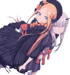 Rule 34 | 2girls, abigail williams (fate), absurdres, back-to-back, black dress, black ribbon, blonde hair, blue eyes, blush, bow, commentary, daisi gi, dot nose, dress, fate/grand order, fate (series), grey hair, hair bow, hair ribbon, hat, highres, horns, lavinia whateley (fate), long sleeves, looking at viewer, multiple girls, multiple hair bows, open mouth, orange ribbon, pink eyes, ribbon, see-through, simple background, smile, stuffed toy, white background