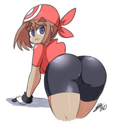 Rule 34 | 1girl, ass, bad id, bad tumblr id, bandana, bent over, bigdead, bike shorts, black gloves, blue eyes, brown hair, creatures (company), eyebrows, from behind, game freak, gloves, highres, looking back, may (pokemon), nintendo, pokemon, short hair, solo, thick eyebrows