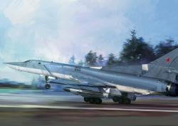 Rule 34 | aircraft, airplane, bomb, bomber, explosive, forest, highres, hjl, jet, landing gear, military, military vehicle, nature, no humans, original, outdoors, photorealistic, realistic, runway, sky, star (symbol), taking off, tree, tu-22m, vehicle focus