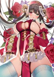 Rule 34 | 1girl, bare shoulders, black bra, black hair, blush, bra, breasts, chinese clothes, clothing cutout, flower, green eyes, harunoibuki, hat, heterochromia, horns, jiangshi, lace, lace-trimmed legwear, lace trim, large breasts, long hair, no panties, ofuda, original, pelvic curtain, red eyes, revealing clothes, rose, sideboob, skindentation, sleeves past fingers, sleeves past wrists, solo, thighhighs, twitter username, underboob cutout, underwear, very long hair, white thighhighs