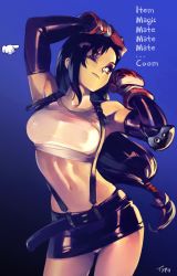Rule 34 | 1girl, artist name, bare shoulders, belt, black gloves, black hair, black skirt, brown eyes, commentary, cowboy shot, crop top, cursor, elbow gloves, elbow pads, english commentary, english text, final fantasy, final fantasy vii, final fantasy vii remake, gloves, gradient background, hand on own head, long hair, looking away, looking to the side, low-tied long hair, miniskirt, navel, one eye closed, optionaltypo, red gloves, simple background, single elbow pad, skirt, solo, square enix, stomach, suspender skirt, suspenders, tank top, tifa lockhart, white tank top