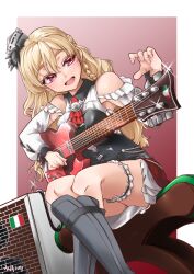 Rule 34 | 1girl, amplifier, ascot, bare shoulders, blonde hair, bodice, braid, breasts, bridal garter, brown eyes, chair, commentary request, corset, crossed legs, electric guitar, feet out of frame, french braid, gibson sg, glint, guitar, hat, instrument, italian flag, kantai collection, long hair, medium breasts, mini hat, miniskirt, open mouth, red ascot, red skirt, shirt, side braid, sitting, skirt, solo, thigh strap, tilted headwear, udukikosuke, wavy hair, white shirt, zara (kancolle), zara due (kancolle)