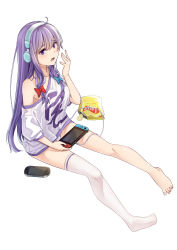 Rule 34 | 1girl, absurdres, alternate costume, barefoot, blue bow, blush, bow, cat-quest-sun, chinese commentary, chips (food), clothes writing, commentary request, feet, food, full body, hair bow, hand up, handheld game console, headphones, highres, holding, long hair, nintendo switch, no bra, no shoes, off shoulder, open mouth, panties, pantyshot, patchouli knowledge, pigeon-toed, playstation vita, potato chips, purple eyes, purple hair, purple shirt, red bow, shirt, simple background, single bare shoulder, single thighhigh, sitting, solo, t-shirt, tears, thighhighs, toenails, toes, touhou, underwear, white background, white panties, white thighhighs, yawning