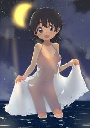 Rule 34 | 1girl, absurdres, bad id, bad pixiv id, blush, breasts, brown hair, bural chingu, cleavage, dress, eyebrows, highres, looking at viewer, night, open mouth, outdoors, purple eyes, see-through, seong mi-na (bural chingu), short hair, skirt hold, small breasts, smile, solo, sundress, tareme, wading, water, white dress, wweed