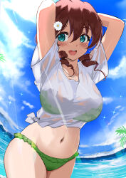 Rule 34 | 1girl, absurdres, arms behind head, arms up, bikini, bikini under clothes, blue eyes, blush, breasts, brown hair, day, drill hair, emma verde, flower, freckles, frilled bikini, frills, green bikini, hair flower, hair ornament, highres, jewelry, large breasts, looking at viewer, love live!, love live! nijigasaki high school idol club, medium hair, navel, necklace, ocean, open mouth, outdoors, palm tree, pisagi, see-through, shirt, smile, solo, standing, stomach, swimsuit, tied shirt, tree, twin drills, wet, wet clothes, wet shirt, white shirt