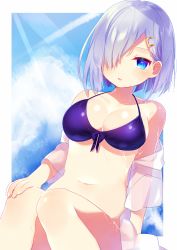 Rule 34 | 10s, 1girl, alternate costume, bad id, bad pixiv id, bikini, bikini top only, blue eyes, breasts, cleavage, commentary request, eyebrows, hair ornament, hair over one eye, hairclip, hamakaze (kancolle), highres, kantai collection, looking at viewer, mafuyu (chibi21), medium breasts, navel, open mouth, purple bikini, revision, short hair, silver hair, sky, solo, swimsuit