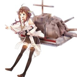 Rule 34 | 10s, 1girl, ahoge, bare shoulders, boots, brown hair, cannon, detached sleeves, double bun, green eyes, hair ornament, hairband, headgear, japanese clothes, kantai collection, kongou (kancolle), long hair, mofun, nontraditional miko, open mouth, personification, pointing, skirt, smile, solo, thigh boots, thighhighs, turret, zettai ryouiki