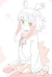 Rule 34 | 1girl, bird tail, blush stickers, closed mouth, commission, frilled sleeves, frills, fur collar, head wings, highres, jacket, japanese crested ibis (kemono friends), kemono friends, kibisake, long sleeves, multicolored hair, neck ribbon, no shoes, pantyhose, pink background, pleated skirt, red hair, red pantyhose, red ribbon, red skirt, ribbon, sitting, skeb commission, skirt, sleeves past fingers, sleeves past wrists, solo, tail, two-tone background, two-tone hair, wariza, white background, white hair, white jacket, white wings, wings, yellow eyes