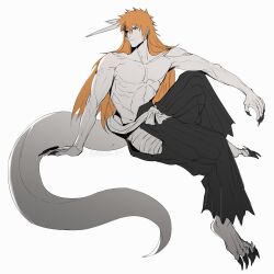 Rule 34 | 1boy, abs, alternate form, arm on knee, asure (asure twi), barefoot, black hakama, bleach, broken mask, brown eyes, clawed feet, claws, closed mouth, collarbone, colored skin, full body, hair between eyes, hakama, highres, horns, japanese clothes, kurosaki ichigo, long hair, looking to the side, mask, muscular, muscular male, obi, orange hair, sash, single horn, sitting, tail, topless male, white background, white skin
