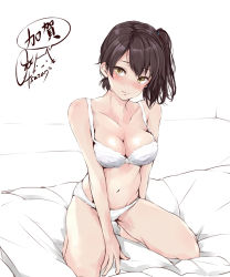 Rule 34 | 10s, 1girl, arm support, bare arms, bare legs, bare shoulders, barefoot, bed, bed sheet, blush, bow, bra, breasts, brown hair, character name, collarbone, commentary, embarrassed, hair bow, head tilt, kaga (kancolle), kantai collection, light smile, looking at viewer, medium breasts, navel, panties, rizzl, side ponytail, signature, sitting, smile, solo, stomach, thighs, underwear, underwear only, wavy mouth, white bra, white panties, yellow eyes