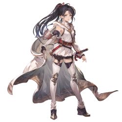Rule 34 | 1girl, arrow (projectile), black hair, blouse, blue eyes, bow (weapon), breasts, cape, cape hold, closed mouth, detached sleeves, fingerless gloves, full body, gloves, granblue fantasy, long hair, looking at viewer, minaba hideo, official art, pants, ponytail, quiver, shirt, shitori (granblue fantasy), simple background, single glove, small breasts, solo, sword, transparent background, weapon, white shirt