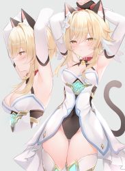 Rule 34 | 1girl, armpits, arms up, bare shoulders, bell, blonde hair, breasts, cat girl, choker, cleavage, covered navel, cowboy shot, detached sleeves, dress, flower, genshin impact, gluteal fold, hair flower, hair ornament, highleg, highres, jingle bell, long sleeves, looking at viewer, lumine (genshin impact), medium breasts, multiple views, parted lips, red choker, short hair with long locks, shouu-kun, sleeveless, sleeveless dress, sweatdrop, thigh gap, thighhighs, thighs, white dress, white thighhighs, yellow eyes
