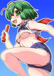 Rule 34 | 1girl, antennae, armpit peek, ass, baton, black cape, blue background, blush, breasts, buttons, cape, collared crop top, commentary request, crop top, emina, eyes visible through hair, from below, green eyes, green hair, hair between eyes, highres, legs, looking at viewer, midriff, no bra, open mouth, partially visible vulva, red cape, relay baton, relay race, running, short hair, short shorts, shorts, simple background, sky, small breasts, solo, stomach, teeth, thighs, torn clothes, torn sleeves, touhou, two-tone cape, underboob, upper teeth only, upshorts, wriggle day, wriggle nightbug