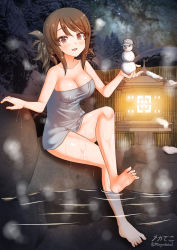Rule 34 | 1girl, barefoot, blush, breasts, brown hair, cleavage, crossed legs, feet, full body, girls und panzer, highres, large breasts, looking at viewer, megadeko, mika (girls und panzer), naked towel, night, night sky, onsen, open mouth, outdoors, sitting, sky, smile, snowman, soaking feet, soles, solo, toes, towel