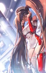 Rule 34 | 1girl, bare shoulders, boots, breasts, brown hair, covered navel, crying, demeter (destiny child), destiny child, dress, elbow gloves, eyepatch, closed eyes, gloves, hands up, hat, highres, kim hyung tae, large breasts, large syringe, long hair, nurse, nurse cap, official art, oversized object, red gloves, side slit, sleeveless, sleeveless dress, solo, syringe, teardrop, tears, thigh boots, thighhighs, thighs, tight clothes, tight dress, twintails, very long hair, wiping tears