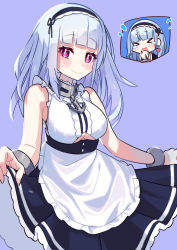 Rule 34 | absurdres, akutaa, anchor, azur lane, blue hair, breasts, clothes lift, dido (azur lane), highres, jewelry, large breasts, maid, maid headdress, necklace, pink eyes, purple background, skirt, skirt lift, smile, wristband