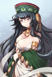 Rule 34 | 1girl, arm garter, black hair, blue eyes, blush, bracelet, breasts, cleavage, hand on own chest, hat, highres, jewelry, large breasts, long hair, lots of jewelry, necklace, solo, sword girls, wooni