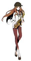 Rule 34 | 10s, 1girl, absurdres, black eyes, brown hair, brown pants, full body, highres, holding, holding instrument, instrument, long hair, looking at viewer, love live!, love live! school idol project, aged up, pants, saxophone, simple background, smile, solo, standing, vice (kuronekohadokoheiku), white background, yuki anju