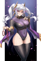 Rule 34 | 1girl, athletic leotard, blush, bodystocking, bodysuit, breasts, bridal gauntlets, burnt green tea, cleavage, collar, corruption, dark persona, evil smile, fire emblem, fire emblem awakening, fire emblem heroes, grima (fire emblem), hand on own chest, highres, holding, holding leash, intelligent systems, large breasts, leash, leotard, lips, long hair, long sleeves, looking at viewer, magic, nintendo, official alternate costume, open mouth, possessed, possession, purple nails, red eyes, robin (female) (fell tactician) (fire emblem), robin (female) (fire emblem), robin (fire emblem), simple background, skin tight, smile, solo, spiked collar, spikes, thighhighs, thighs, twintails, white hair