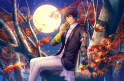 Rule 34 | 1boy, aijima cecil, aqua eyes, arm support, autumn leaves, black jacket, brown hair, butterfly weed, checkered clothes, chinese clothes, dark-skinned male, dark skin, dragon print, falling leaves, feet out of frame, flower, full moon, game cg, highres, holding, holding flower, in tree, jacket, leaf, lens flare, light particles, looking at flowers, maple leaf, moon, night, night sky, official art, orange flower, pants, shirt, short hair, sitting, sitting in tree, sky, smelling flower, smile, star (sky), starry sky, tangzhuang, third-party source, tree, uta no prince-sama, uta no prince-sama: shining live, white pants, white shirt