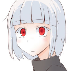 Rule 34 | albino, bad id, bad pixiv id, blunt bangs, colored eyelashes, looking at viewer, portrait, red eyes, short hair, silver hair, simple background, solo, white background, yamane akira