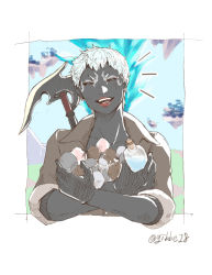 Rule 34 | 1girl, warrior of light (ff14), black skin, border, bottomless, carrying, collarbone, colored skin, crossed arms, day, closed eyes, facial mark, facing viewer, fictional persona, final fantasy, final fantasy xiv, gibbe18, gloves, highres, holding, lipstick, makeup, open mouth, outdoors, roegadyn, shirt, short hair, smile, solo, stone, twitter username, upper body, white hair